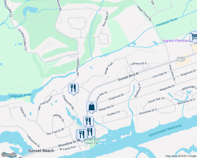 map of restaurants, bars, coffee shops, grocery stores, and more near 234 Kings Trail in Sunset Beach