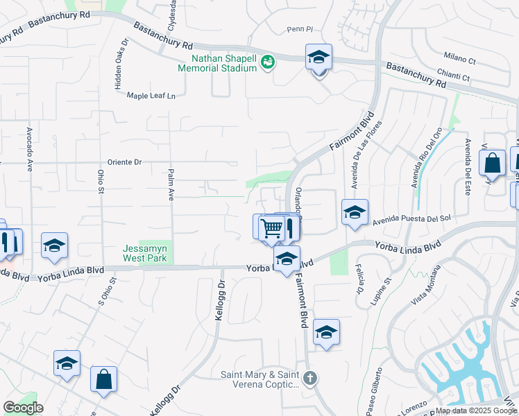 map of restaurants, bars, coffee shops, grocery stores, and more near 4754 Cardena Plaza in Yorba Linda