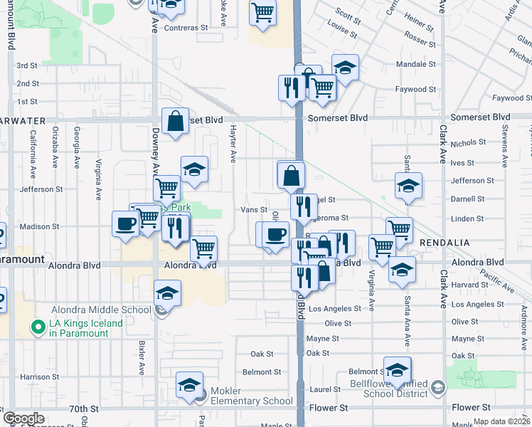 map of restaurants, bars, coffee shops, grocery stores, and more near 15602 Pitts Avenue in Paramount