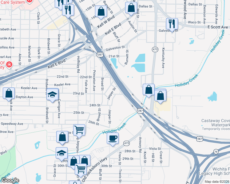map of restaurants, bars, coffee shops, grocery stores, and more near U.S. 281 in Wichita Falls