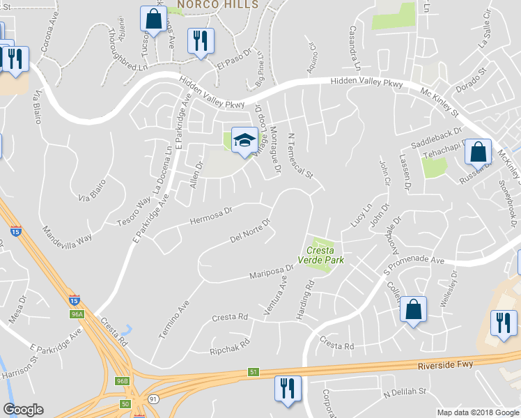 map of restaurants, bars, coffee shops, grocery stores, and more near 1462 Hermosa Drive in Corona