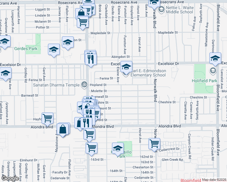 map of restaurants, bars, coffee shops, grocery stores, and more near 12002 Molette Street in Norwalk