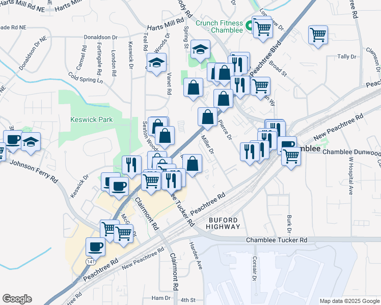 map of restaurants, bars, coffee shops, grocery stores, and more near 3450 Miller Drive in Chamblee