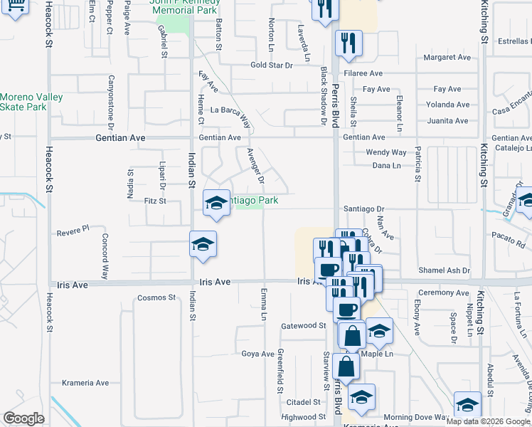 map of restaurants, bars, coffee shops, grocery stores, and more near 15820 Emma Lane in Moreno Valley