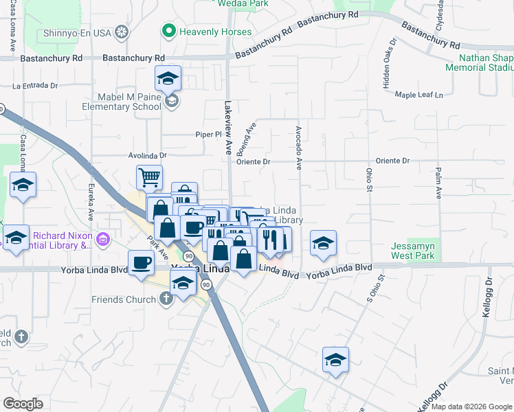 map of restaurants, bars, coffee shops, grocery stores, and more near 4708 Lakeview Avenue in Yorba Linda