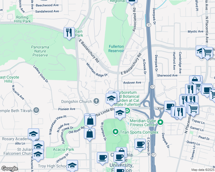 map of restaurants, bars, coffee shops, grocery stores, and more near 2400 North North Creek Lane in Fullerton