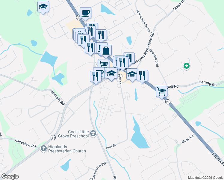 map of restaurants, bars, coffee shops, grocery stores, and more near 460 Georgia 84 in Grayson