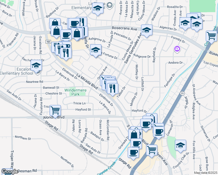 map of restaurants, bars, coffee shops, grocery stores, and more near 15317 Santa Gertrudes Avenue in La Mirada