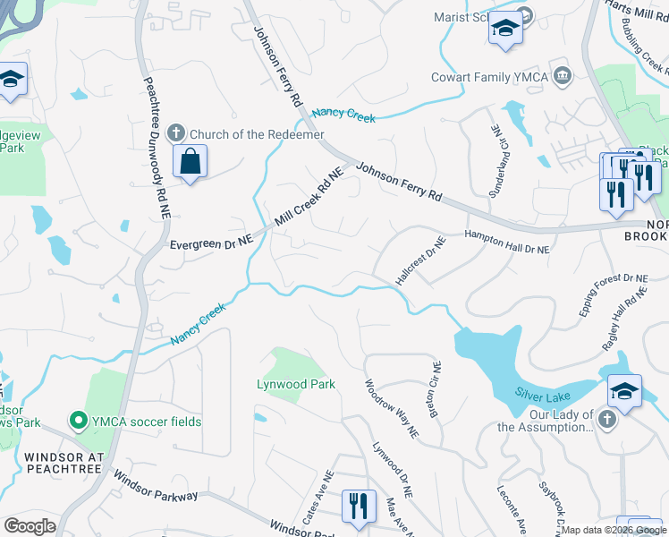 map of restaurants, bars, coffee shops, grocery stores, and more near 1112 Warrenhall Lane in Atlanta