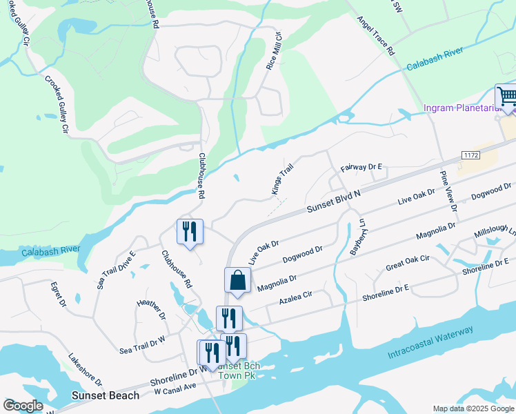 map of restaurants, bars, coffee shops, grocery stores, and more near 234 Kings Trail in Sunset Beach