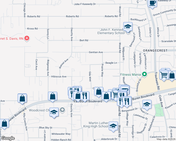 map of restaurants, bars, coffee shops, grocery stores, and more near 15705 Gila Way in Riverside