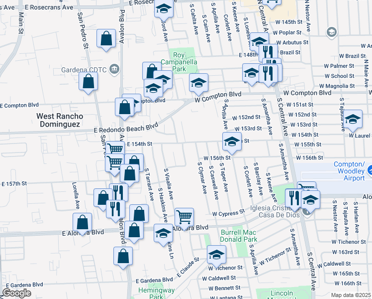 map of restaurants, bars, coffee shops, grocery stores, and more near 15321 South Stanford Avenue in Compton