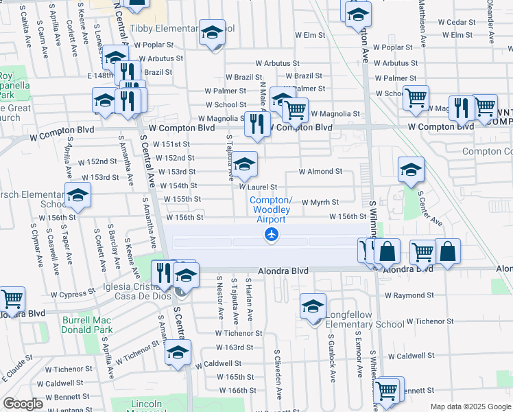 map of restaurants, bars, coffee shops, grocery stores, and more near 425 South Cliveden Avenue in Compton