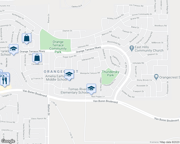 map of restaurants, bars, coffee shops, grocery stores, and more near 8776 Coyote Bush Road in Riverside