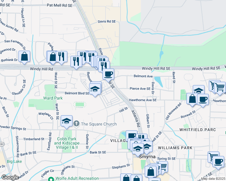 map of restaurants, bars, coffee shops, grocery stores, and more near 3005 Devoncroft Street in Smyrna
