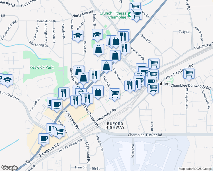 map of restaurants, bars, coffee shops, grocery stores, and more near 3450 Miller Drive in Chamblee