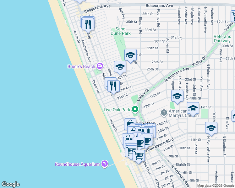 map of restaurants, bars, coffee shops, grocery stores, and more near 320 Marine Avenue in Manhattan Beach