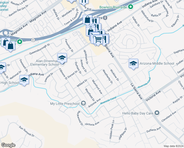 map of restaurants, bars, coffee shops, grocery stores, and more near 3190 Wickham Drive in Riverside