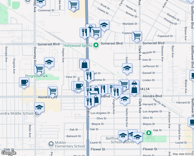 map of restaurants, bars, coffee shops, grocery stores, and more near 9045 Algeroma Street in Bellflower