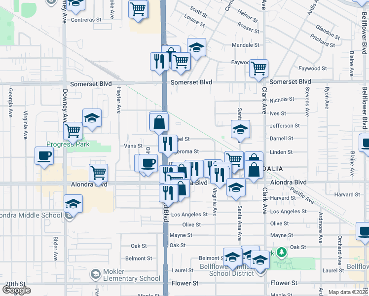map of restaurants, bars, coffee shops, grocery stores, and more near 9033 Hegel Street in Bellflower
