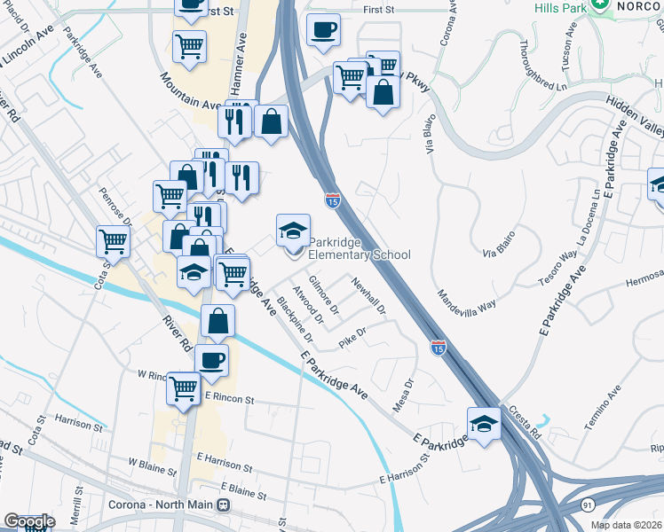map of restaurants, bars, coffee shops, grocery stores, and more near in Corona