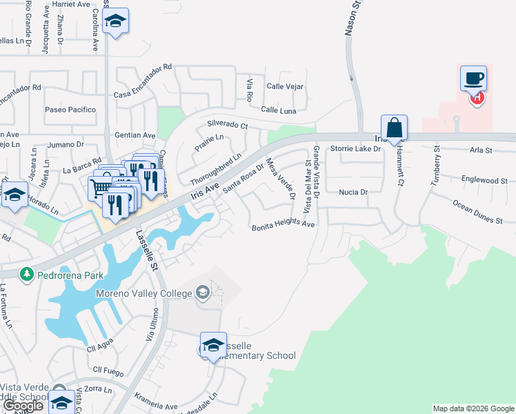 map of restaurants, bars, coffee shops, grocery stores, and more near 15734 Avenida Del Corazon in Moreno Valley
