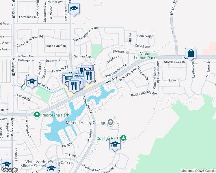 map of restaurants, bars, coffee shops, grocery stores, and more near 26307 Thoroughbred Lane in Moreno Valley