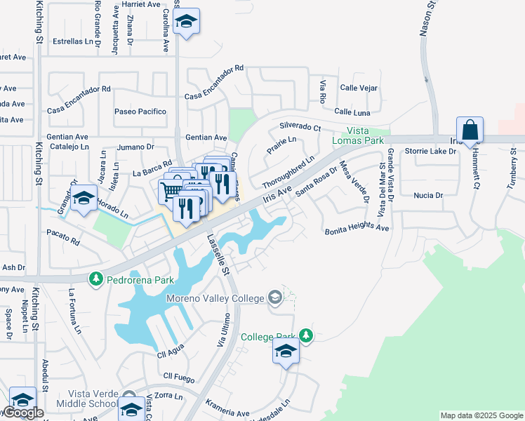 map of restaurants, bars, coffee shops, grocery stores, and more near 26307 Thoroughbred Lane in Moreno Valley