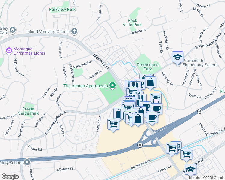 map of restaurants, bars, coffee shops, grocery stores, and more near 2198 McKinley Street in Corona