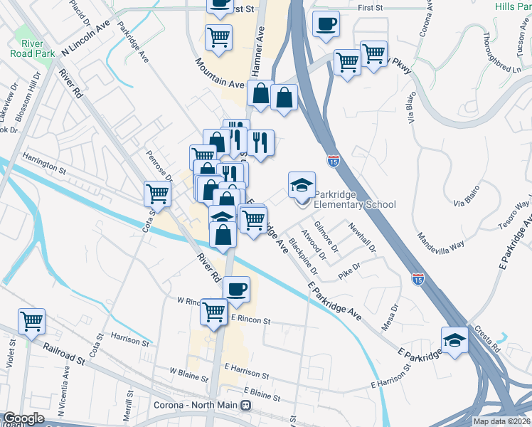 map of restaurants, bars, coffee shops, grocery stores, and more near 813 North Main Street in Corona