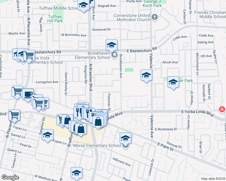 map of restaurants, bars, coffee shops, grocery stores, and more near 1612 Rock River in Placentia