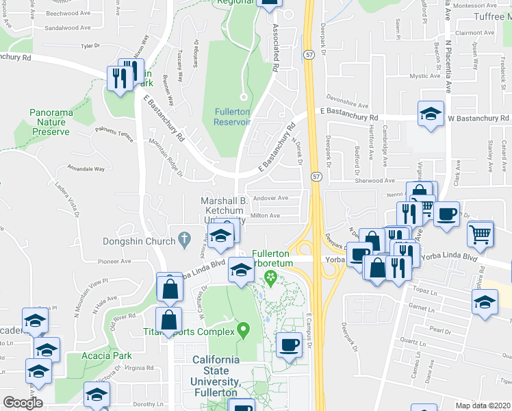 map of restaurants, bars, coffee shops, grocery stores, and more near 2601 Andover Avenue in Fullerton
