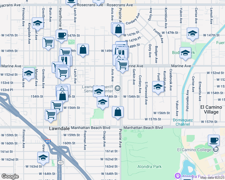 map of restaurants, bars, coffee shops, grocery stores, and more near 15236 Osage Avenue in Lawndale