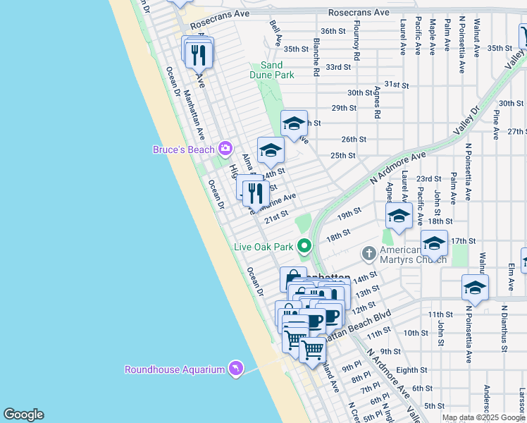 map of restaurants, bars, coffee shops, grocery stores, and more near 2213 Alma Avenue in Manhattan Beach