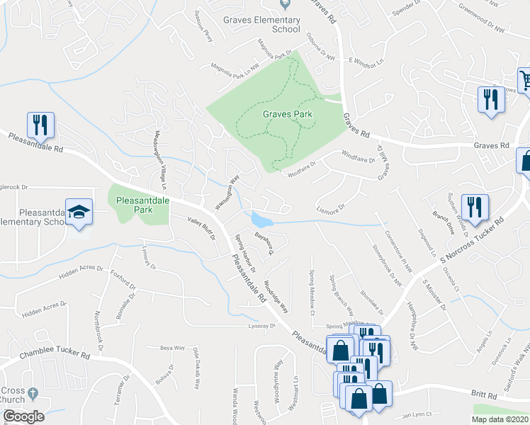 map of restaurants, bars, coffee shops, grocery stores, and more near 3515 Pleasantdale Road in Atlanta