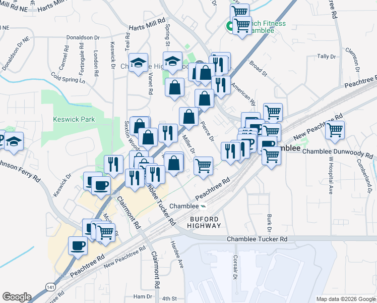 map of restaurants, bars, coffee shops, grocery stores, and more near 3450 Miller Drive in Chamblee