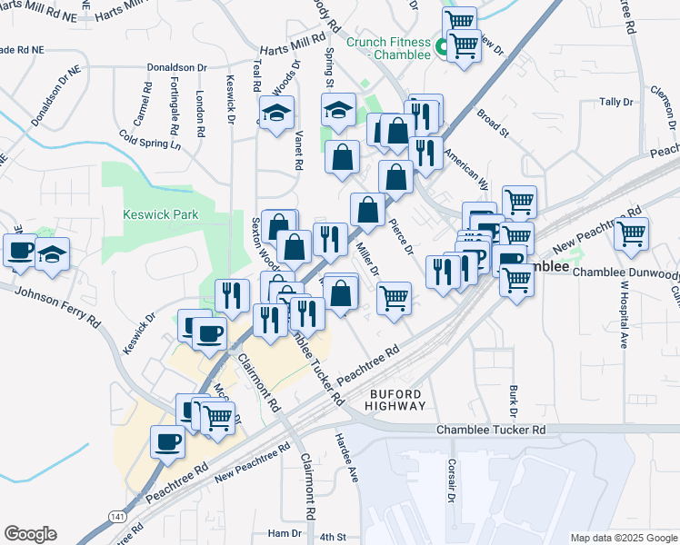 map of restaurants, bars, coffee shops, grocery stores, and more near 3450 Miller Drive in Chamblee
