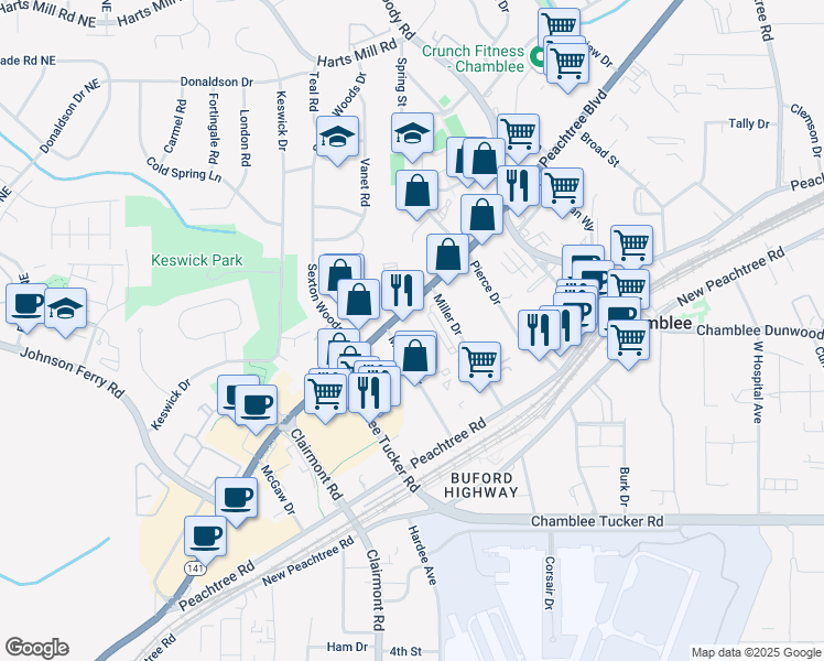 map of restaurants, bars, coffee shops, grocery stores, and more near 3450 Miller Drive in Chamblee