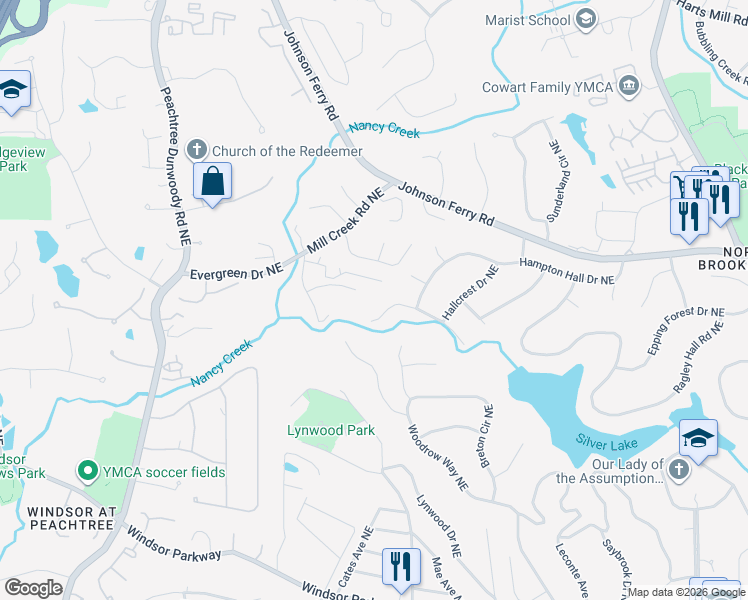 map of restaurants, bars, coffee shops, grocery stores, and more near 1112 Warrenhall Lane in Atlanta