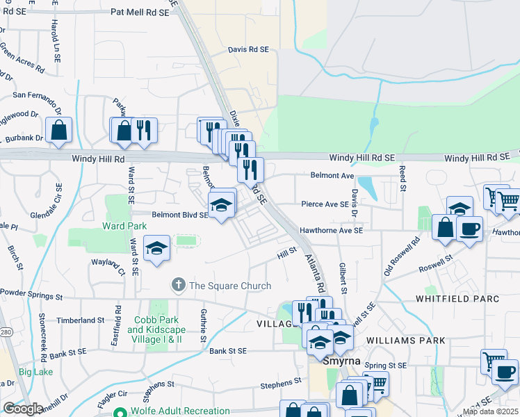 map of restaurants, bars, coffee shops, grocery stores, and more near 3005 Devoncroft Street in Smyrna