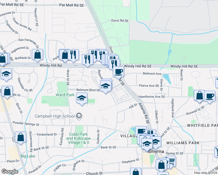 map of restaurants, bars, coffee shops, grocery stores, and more near 400 Belmont Place Southeast in Smyrna