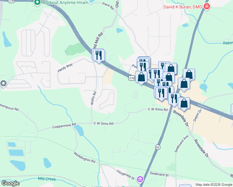 map of restaurants, bars, coffee shops, grocery stores, and more near 111 Venture Path in Hiram