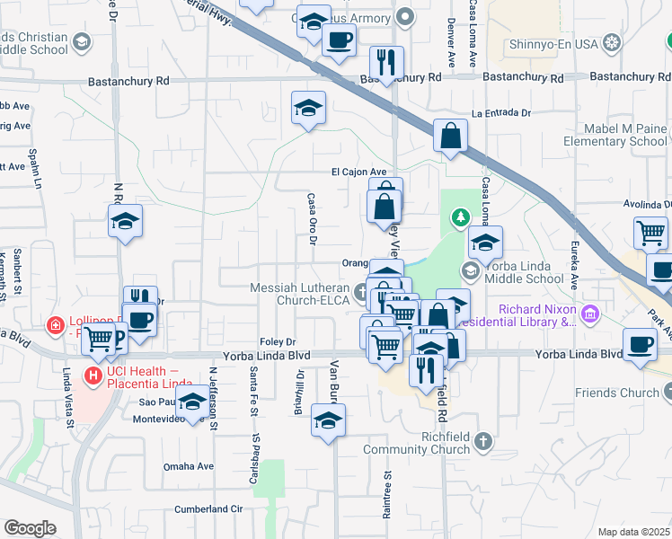map of restaurants, bars, coffee shops, grocery stores, and more near 17312 Orange Drive in Yorba Linda