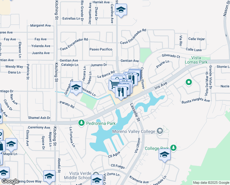 map of restaurants, bars, coffee shops, grocery stores, and more near 15677 Lasselle Street in Moreno Valley