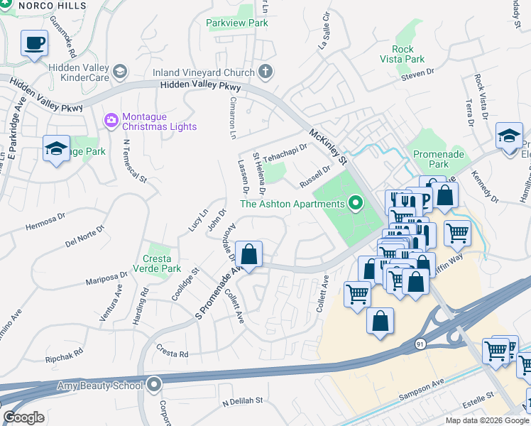 map of restaurants, bars, coffee shops, grocery stores, and more near 696 Avondale Drive in Corona
