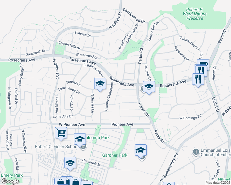 map of restaurants, bars, coffee shops, grocery stores, and more near 1809 Celeste Lane in Fullerton
