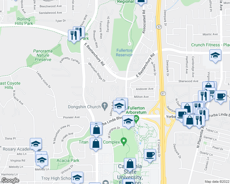 map of restaurants, bars, coffee shops, grocery stores, and more near 2400 N North Creek Ln in Fullerton