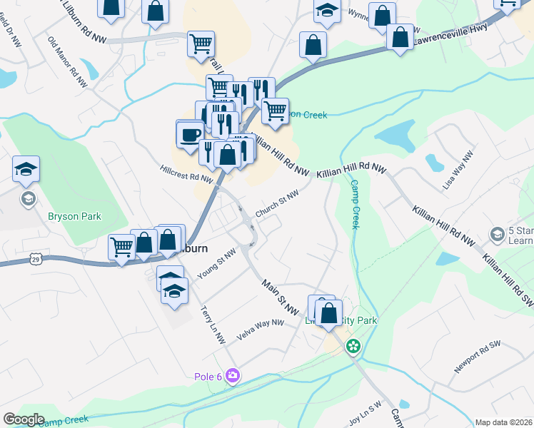 map of restaurants, bars, coffee shops, grocery stores, and more near 4804 Church Street Northwest in Lilburn