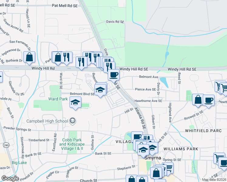 map of restaurants, bars, coffee shops, grocery stores, and more near 1129 Kirkland Circle in Smyrna