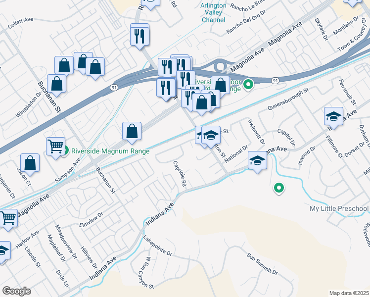 map of restaurants, bars, coffee shops, grocery stores, and more near 3635 Courbette Drive in Riverside